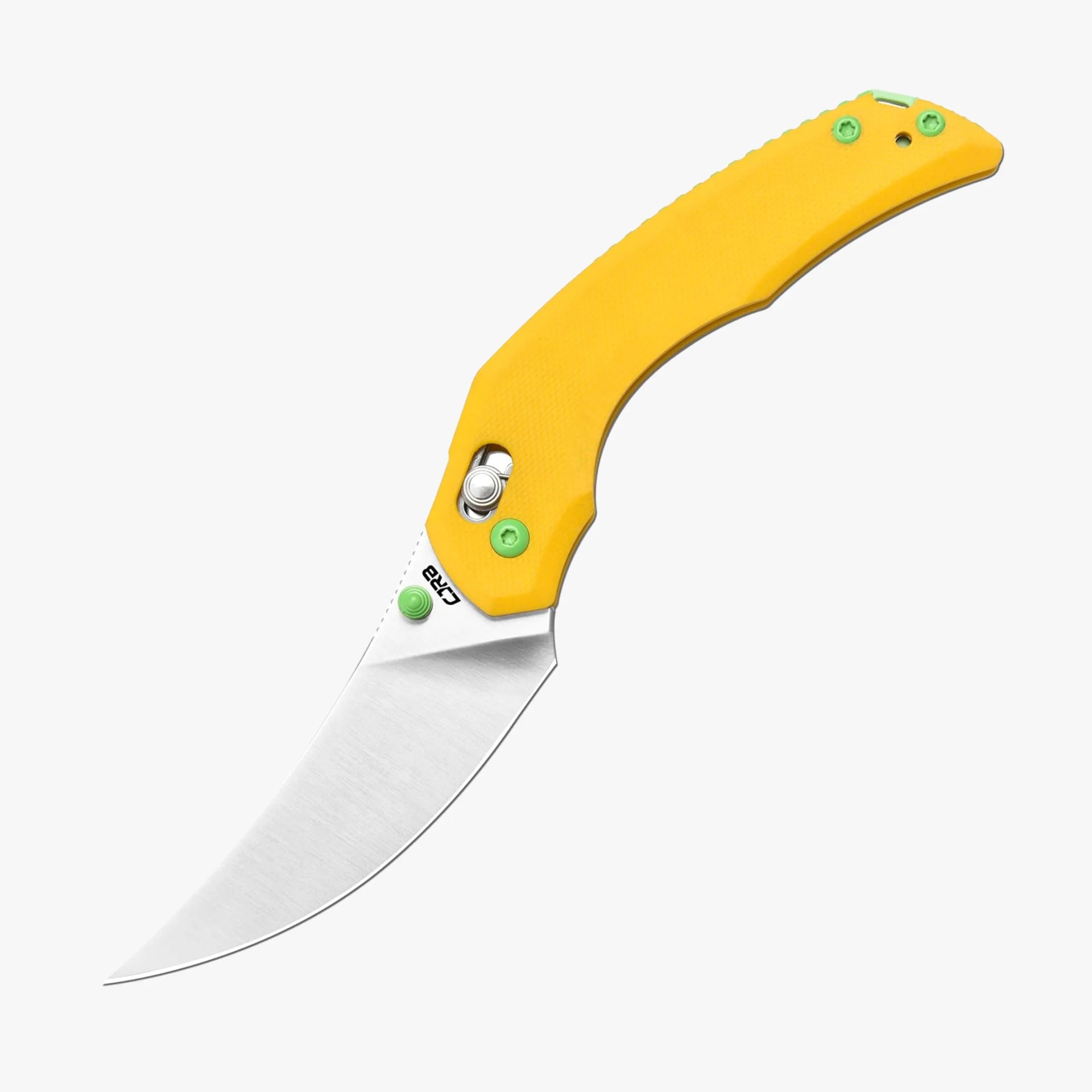 Folding knife with a curved stainless steel blade and a bright yellow handle with green screws.