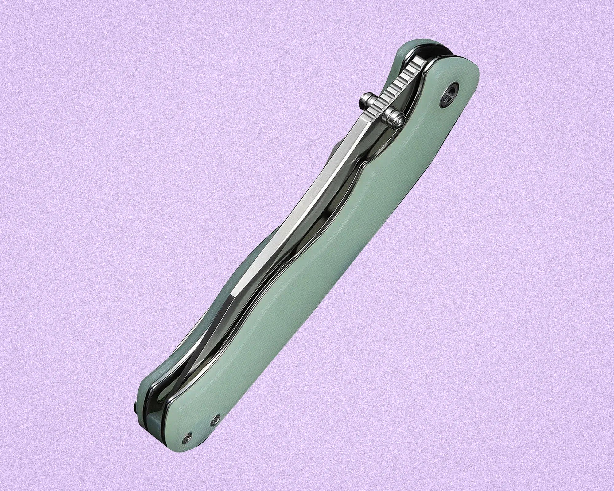Closed folding pocket knife with a light green textured handle and visible metal components.