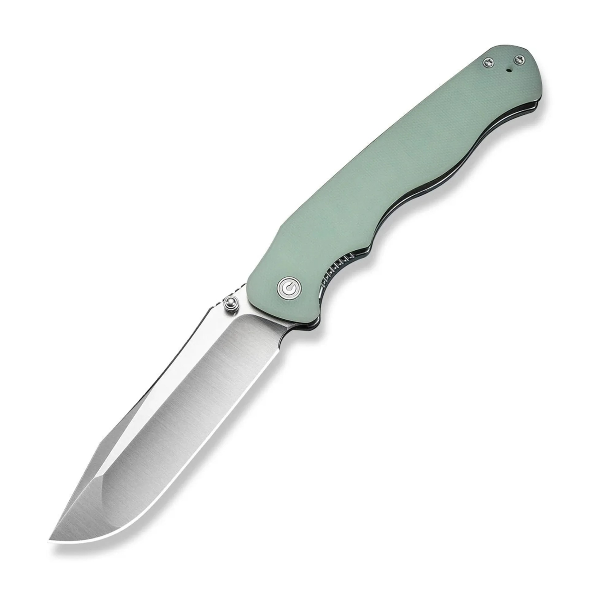 Folding knife with a silver blade and a light green textured handle.