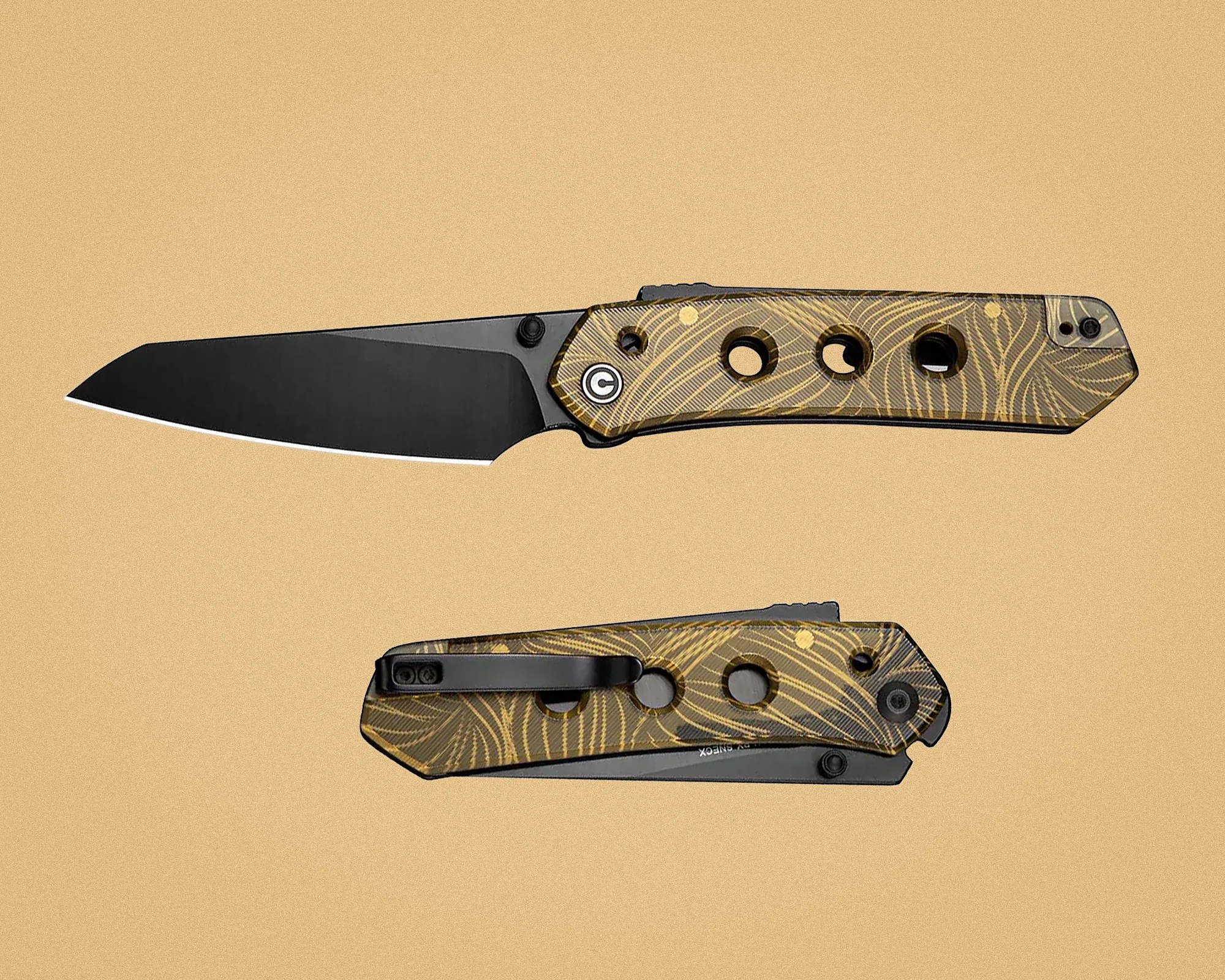 Folding knife with black blade and gold patterned handle featuring three circular cutouts, shown open and closed.