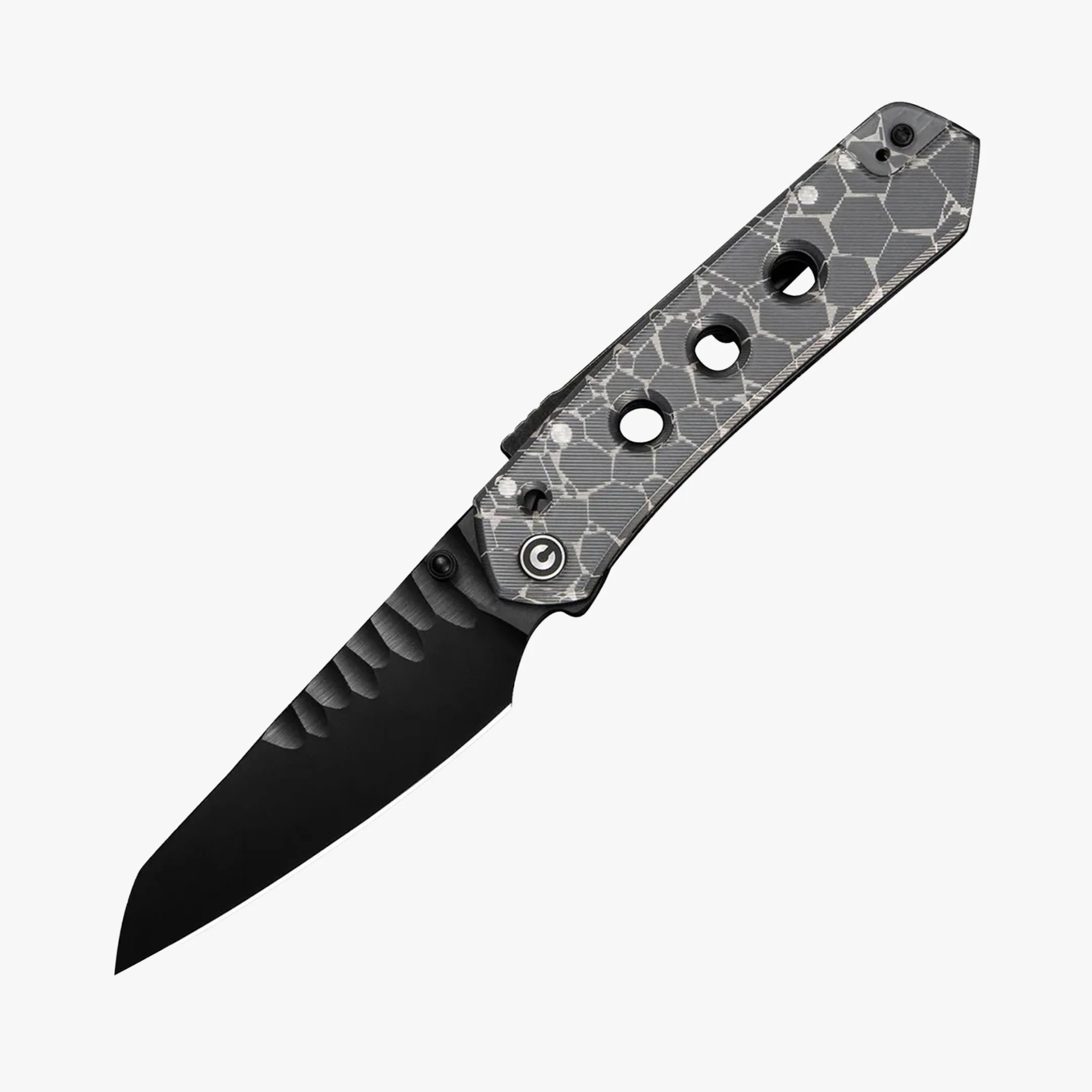 Folding knife with black blade and gray handle featuring hexagonal pattern and circular cutouts.