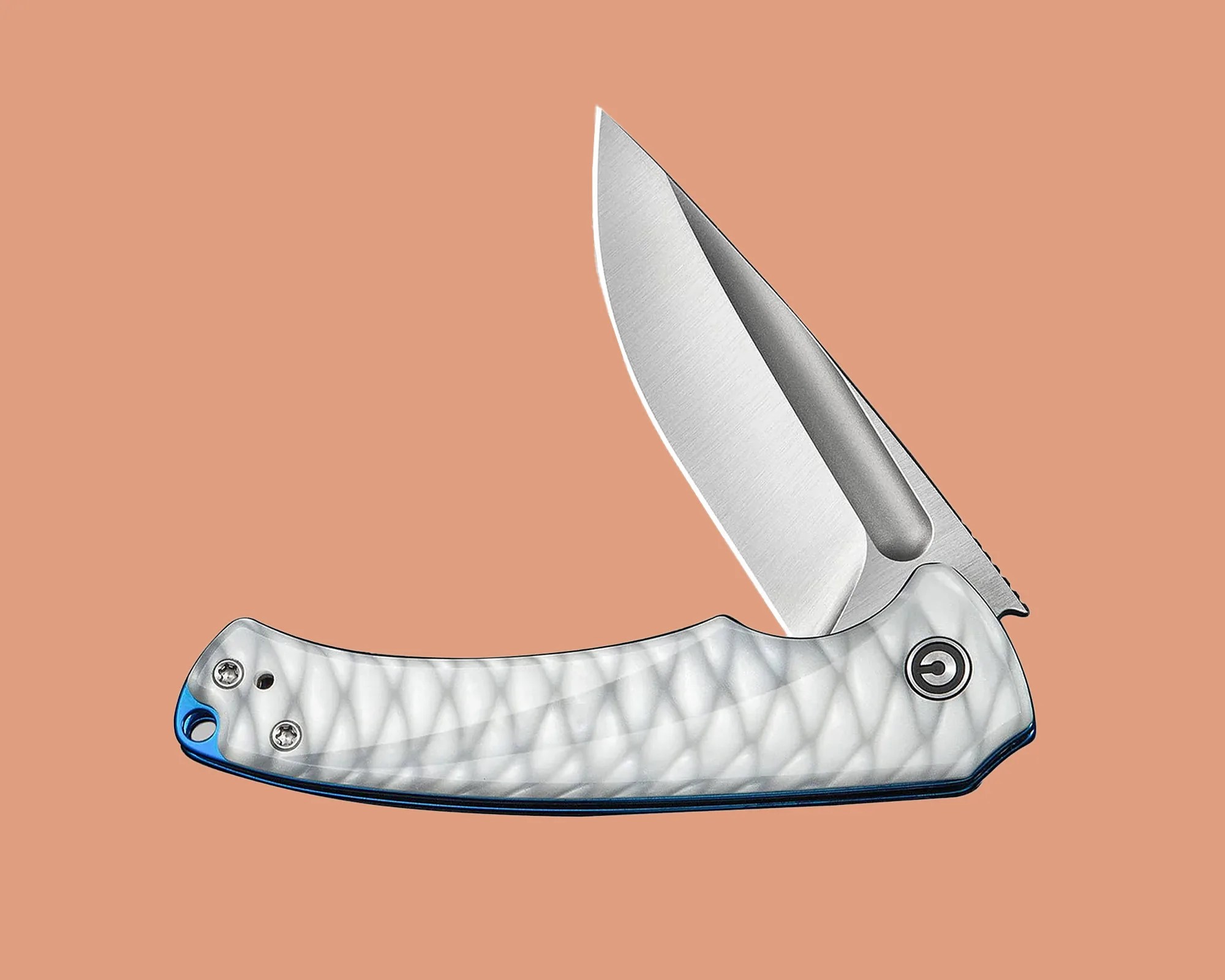 Folding knife with a partially open stainless steel blade and a textured white handle with blue accents.