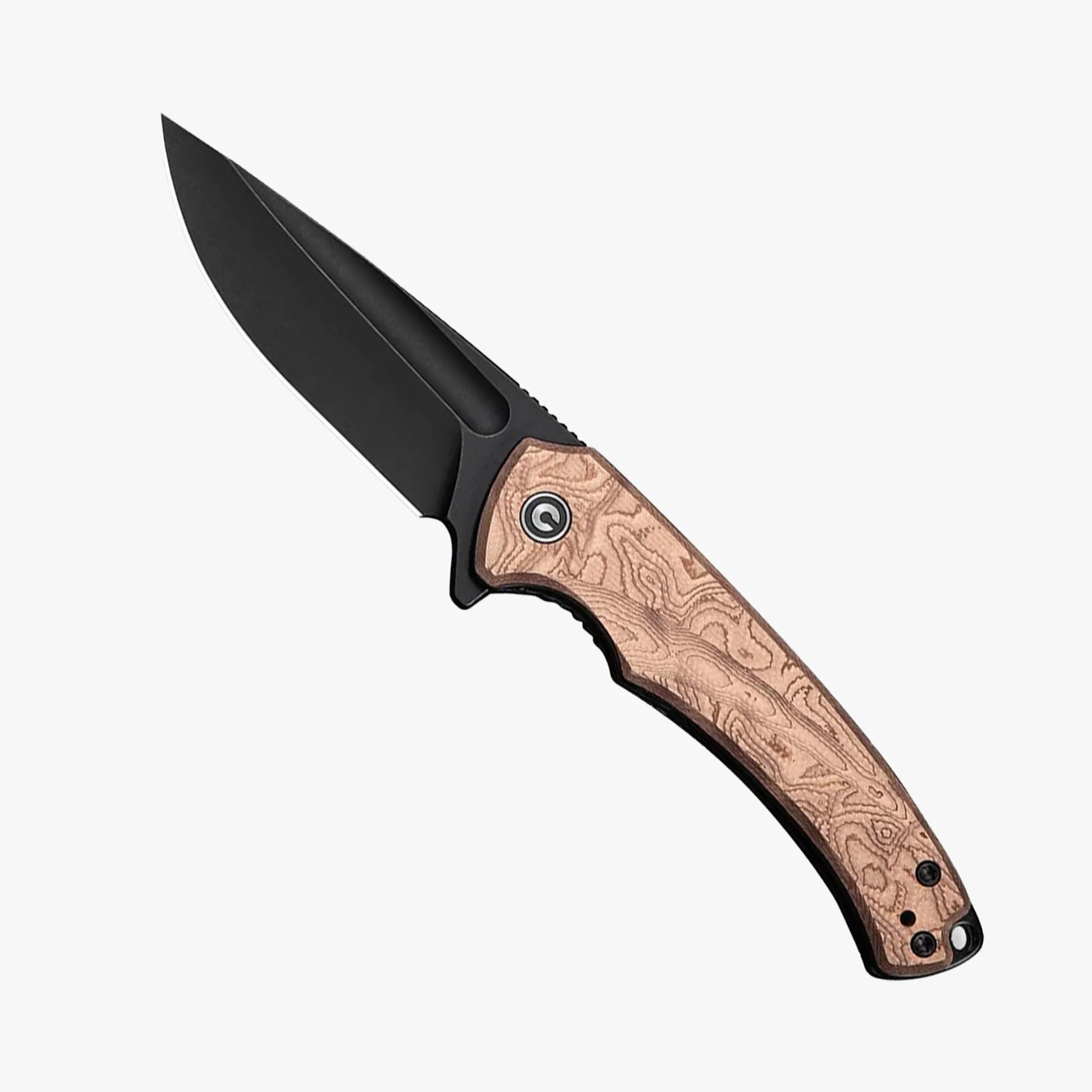 Folding knife with a black blade and a textured light brown handle.