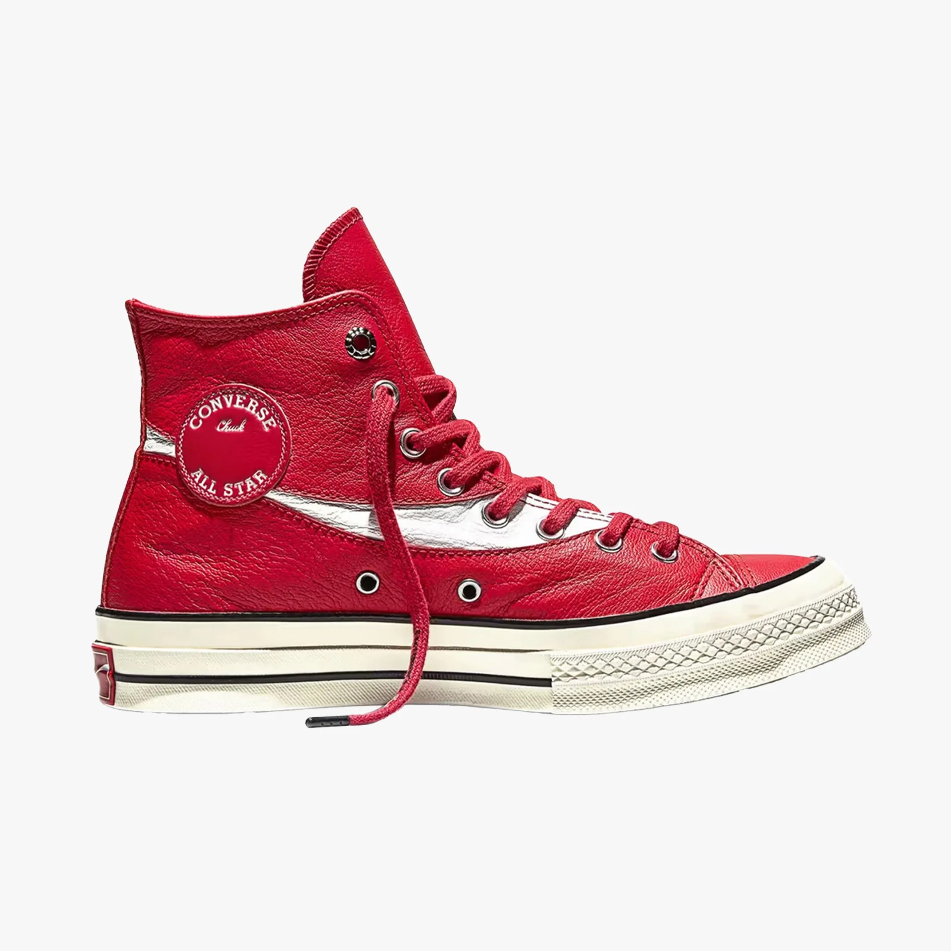 Red high-top Converse All Star sneaker with white sole and silver stripe detail.