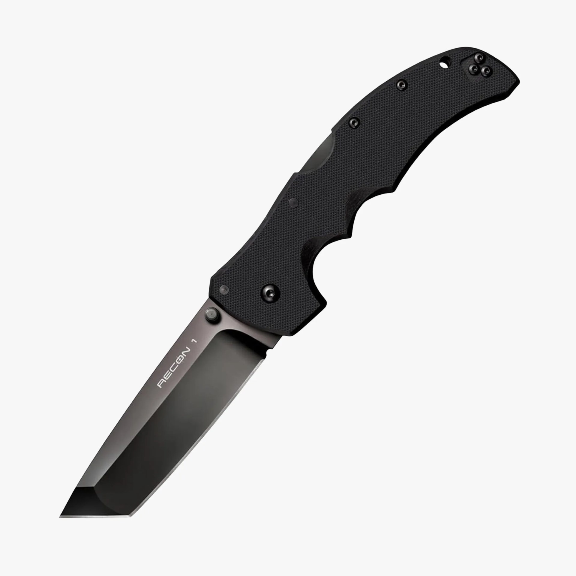 Black tactical folding knife with textured handle and tanto-style blade marked "RECON 1".