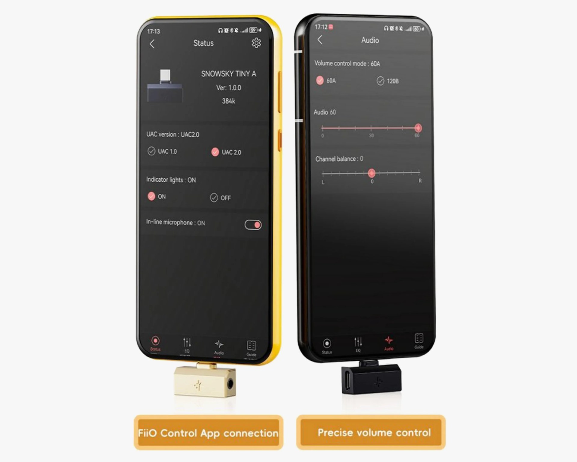 Two smartphones with attached USB audio devices showing FiiO Control App screens for connection status and volume control.