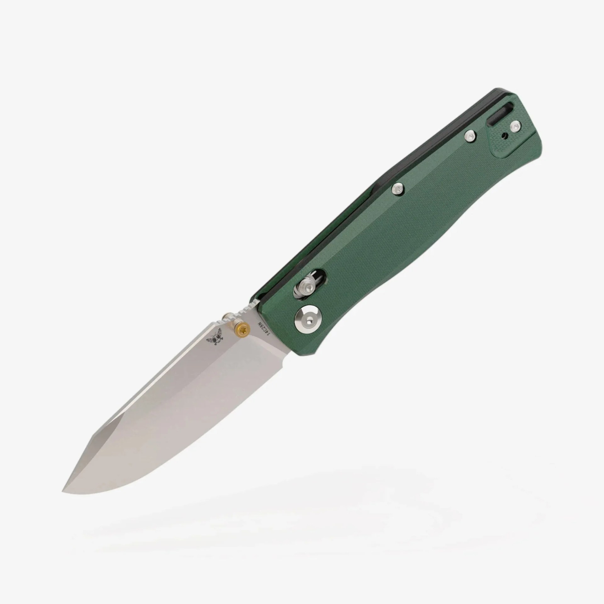 Folding knife with a silver tanto blade and green textured handle.