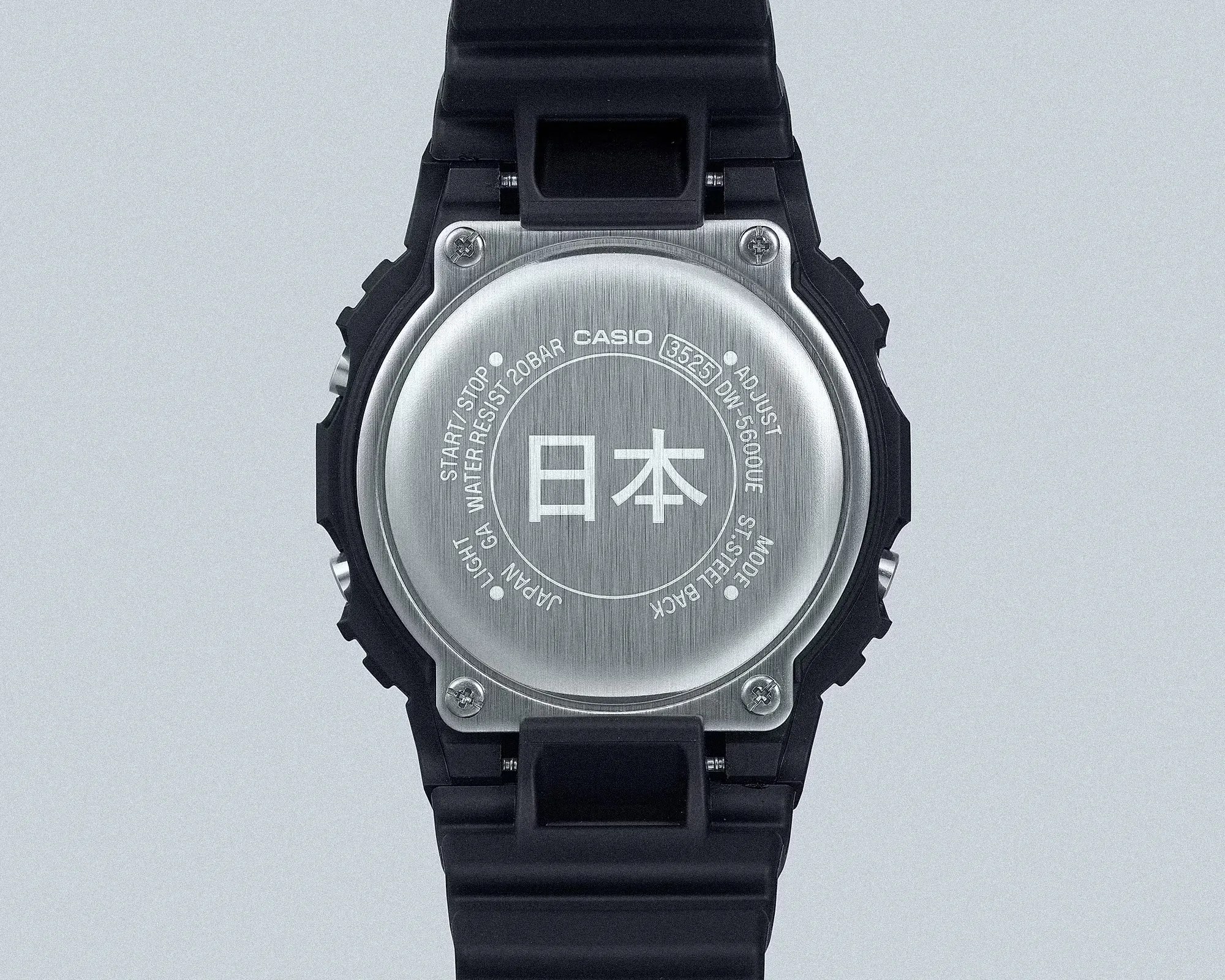 Back of a Casio DW-5600UE watch with stainless steel back and black resin strap.