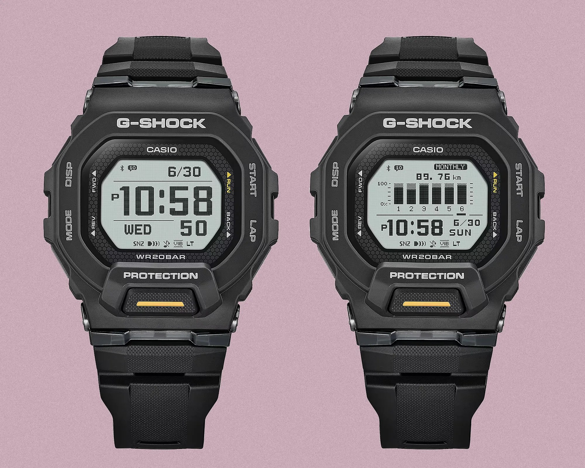 Two black Casio G-Shock digital watches with rectangular faces and black resin bands, one showing time and date, the other showing a monthly distance graph.