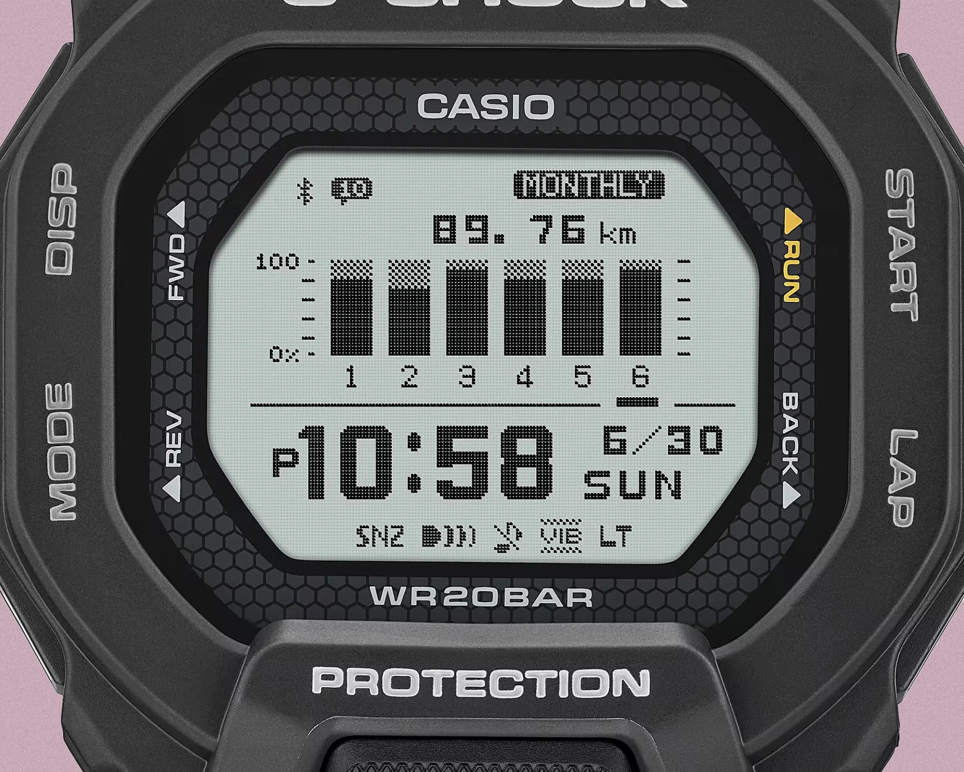Digital Casio G-Shock watch face showing time 10:58 PM, date 6/30 Sunday, and distance 89.76 km with black hexagonal bezel.