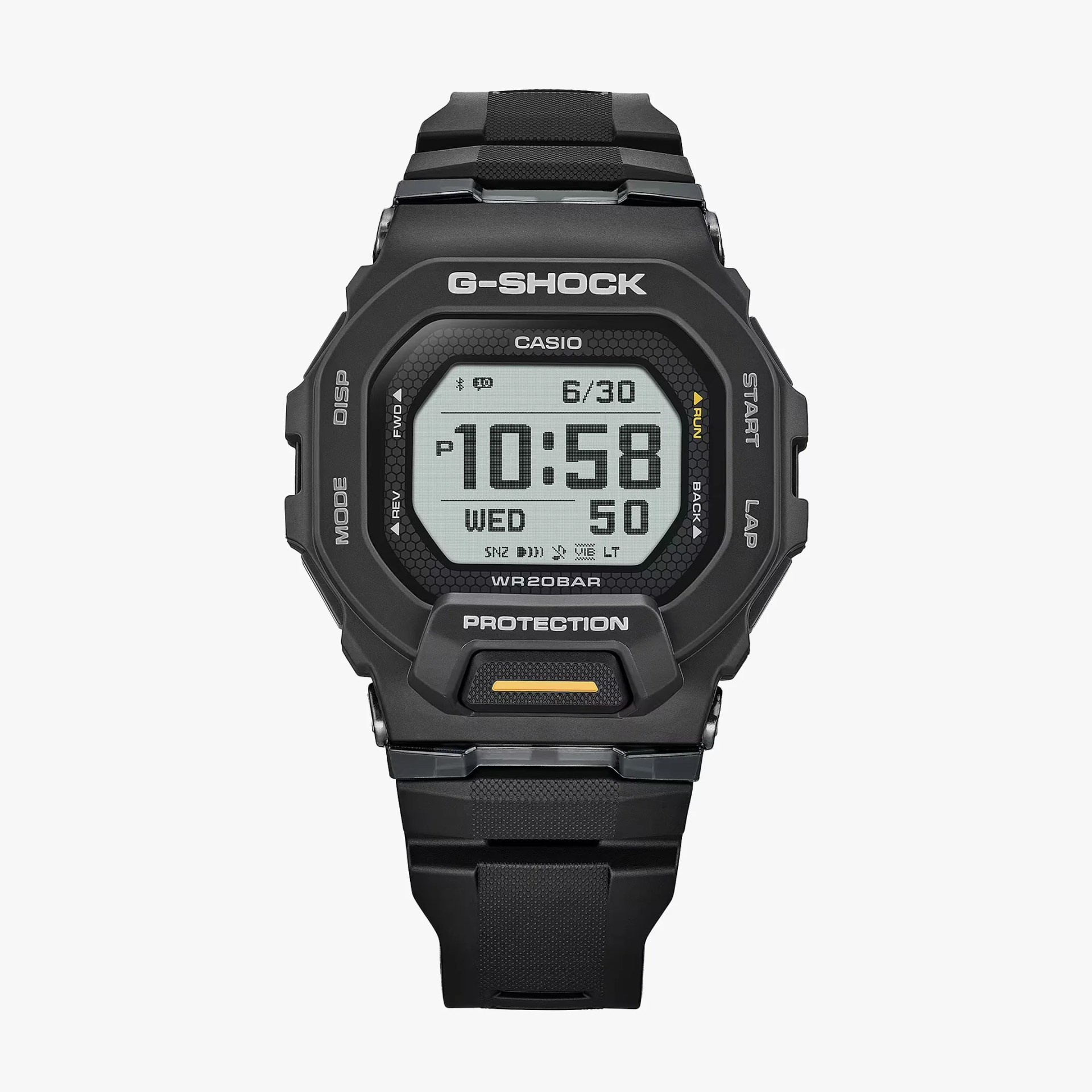 Black Casio G-Shock digital watch with rectangular face and black resin strap.