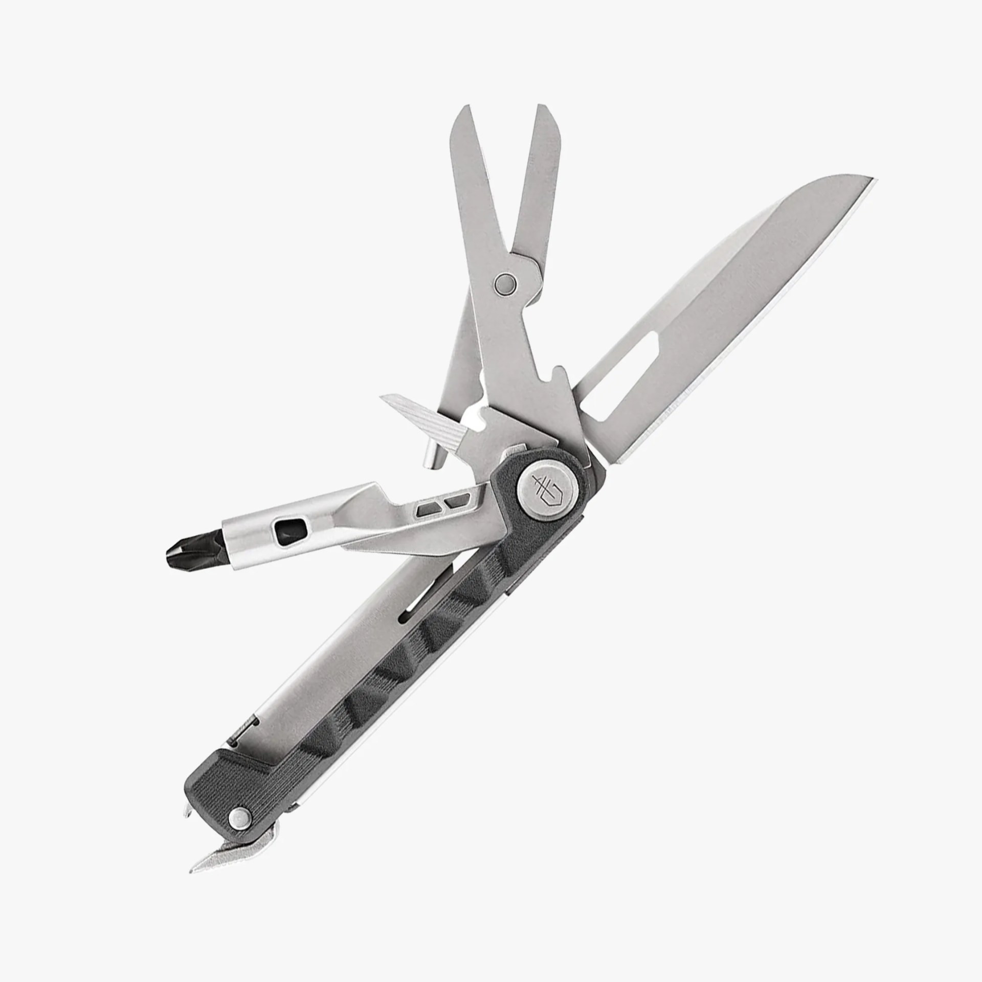 Silver multi-tool with knife blade, scissors, screwdriver, and black textured handle.