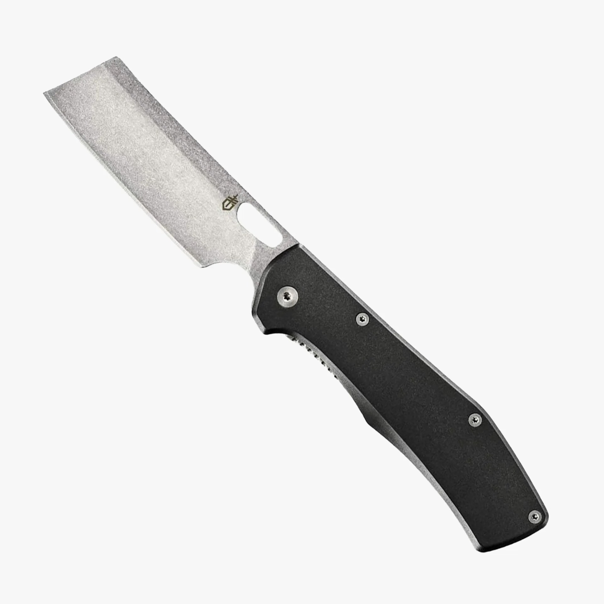Folding knife with a stonewashed cleaver-style blade and black handle with visible screws.