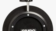 Close-up of a black Grado headphone earcup with foam padding and metal screws.