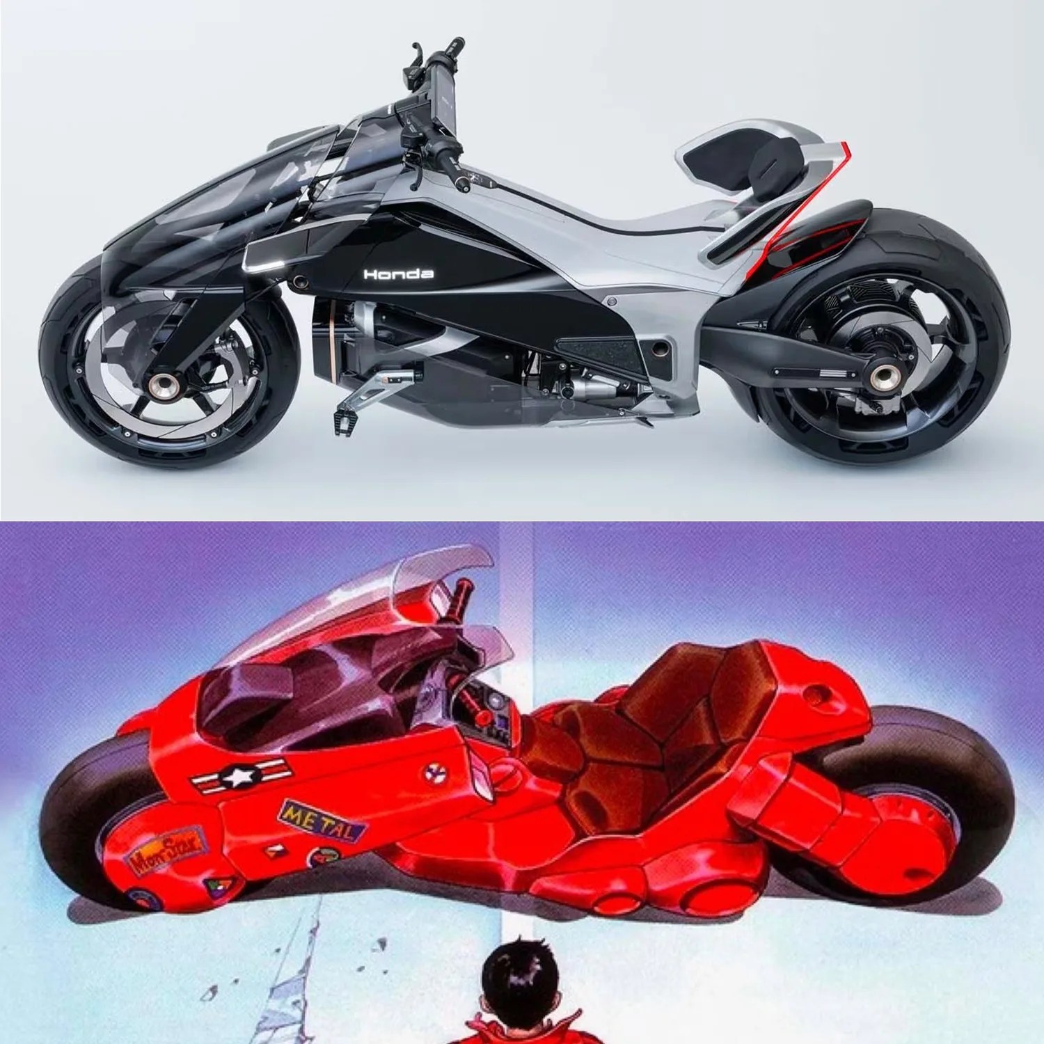 Top image: Sleek silver and black Honda futuristic motorcycle with large, enclosed wheels and aerodynamic design. Bottom image: Red futuristic motorcycle with angular design and large rear tire, shown in an animated style with a person in front.