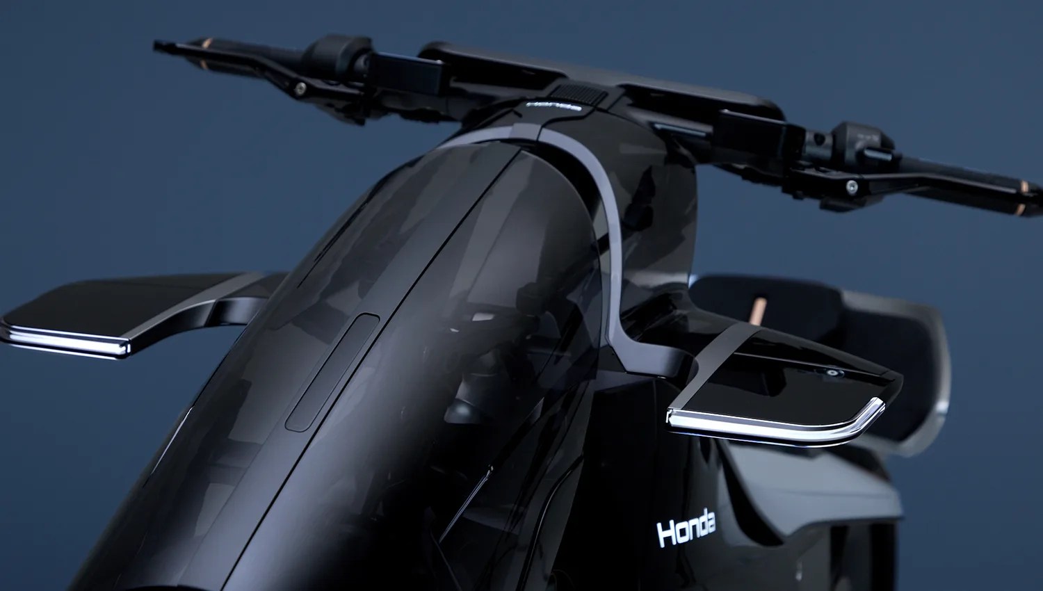 Glossy black Honda electric motorcycle front with integrated mirrors and handlebars against a dark blue background.