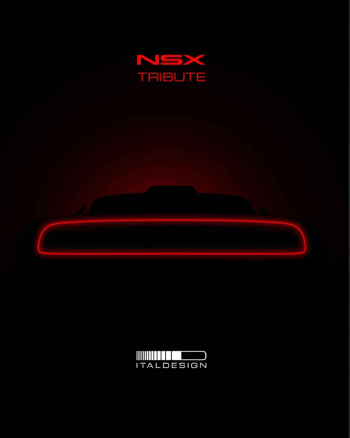 Rear silhouette of a car with a continuous red taillight strip and "NSX TRIBUTE" text above, Italdesign logo below.