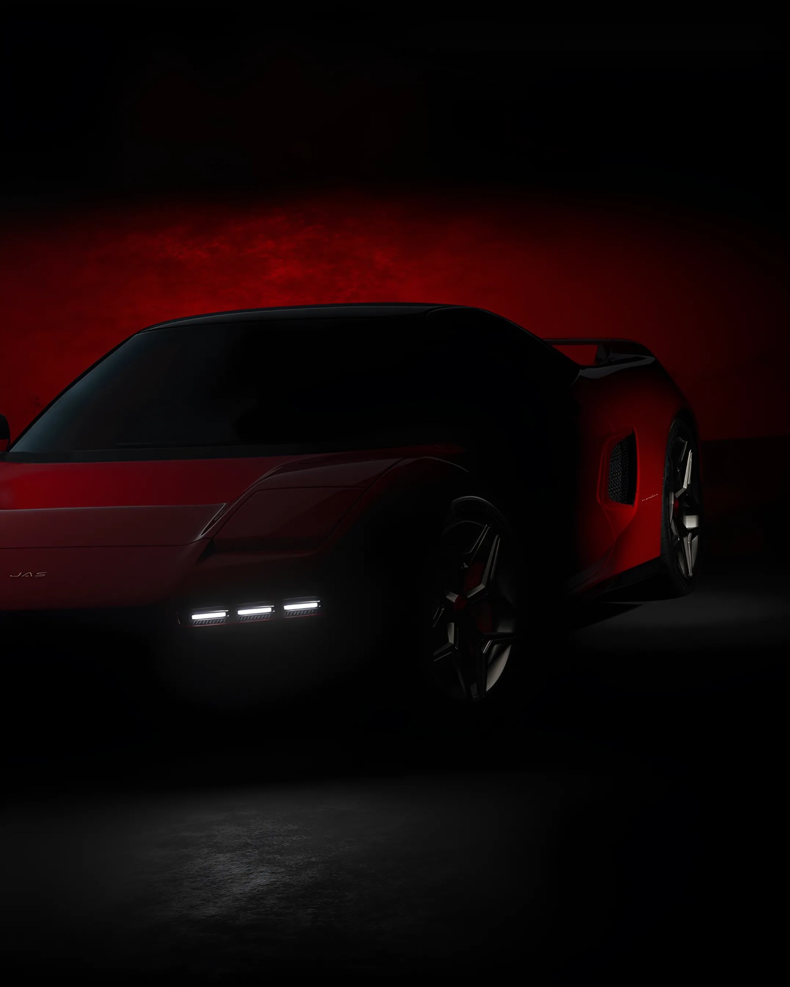 Red sports car with illuminated horizontal LED headlights against a dark background with red lighting.