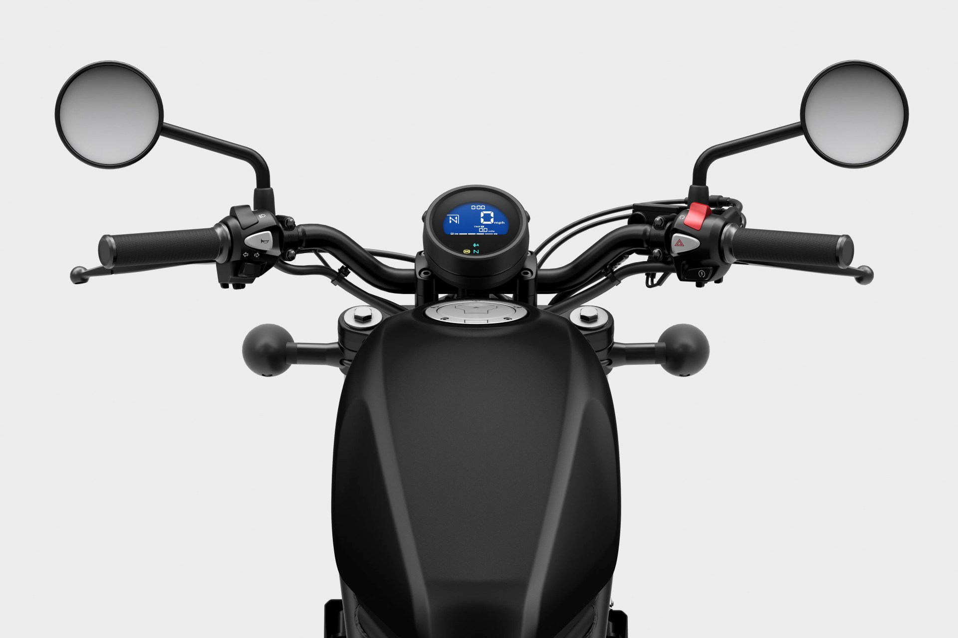 Black motorcycle fuel tank and handlebars with round mirrors and digital speedometer on a white background.