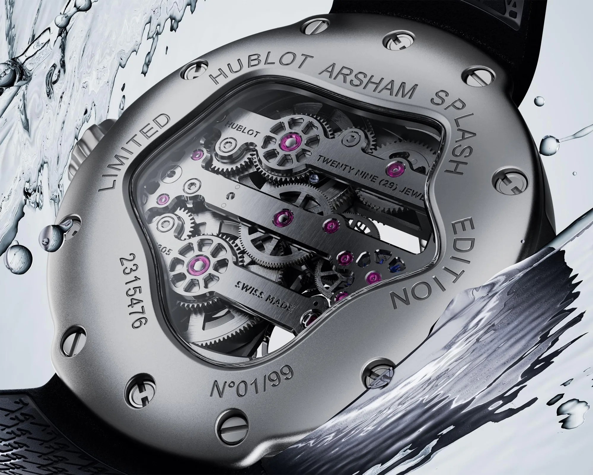 Close-up of the back of a limited edition Hublot Arsham Splash watch showing its mechanical gears and water splash.