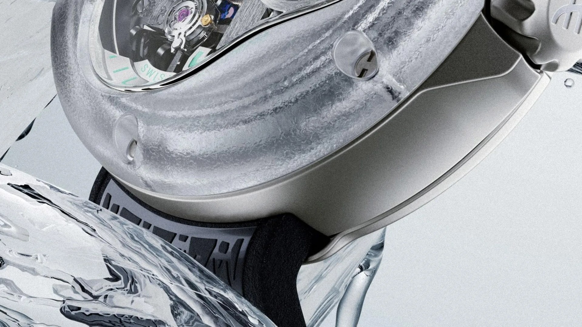 Close-up of a silver wristwatch with a textured frosted bezel, visible mechanical movement, and a black strap.