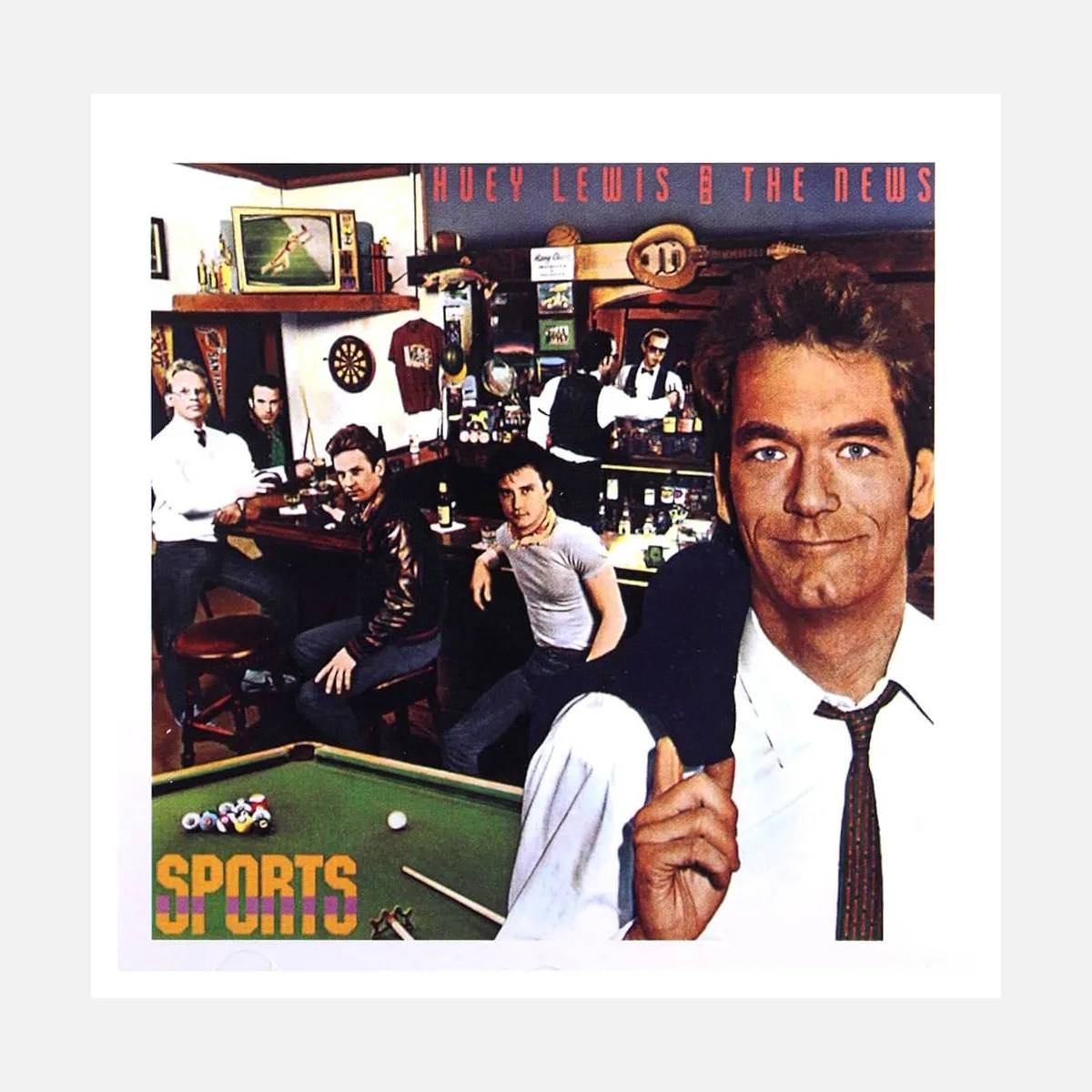 Album cover showing a bar scene with five men, a pool table in the foreground, and "Huey Lewis & The News" and "Sports" text.