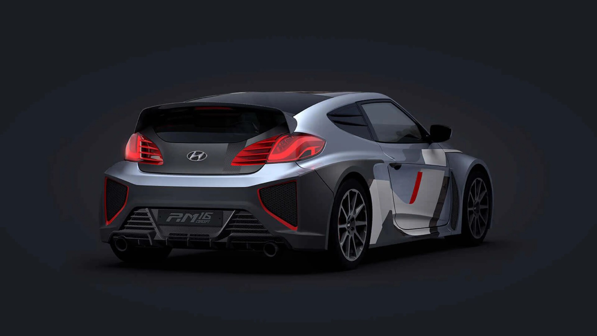 Silver and black Hyundai sports car with red accents and racing number 7 on the door, rear view.