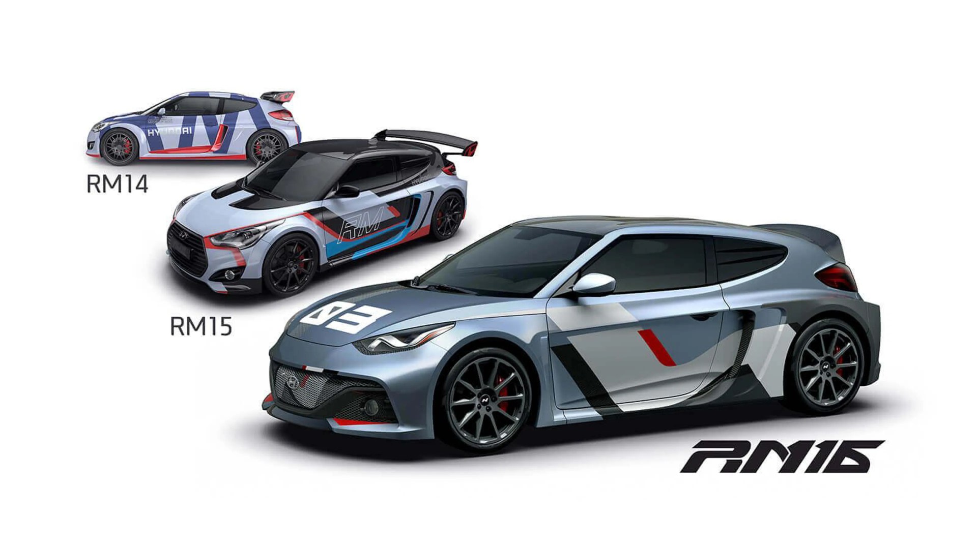 Three Hyundai RM concept cars in blue and gray with racing decals labeled RM14, RM15, and RM16 on a white background.