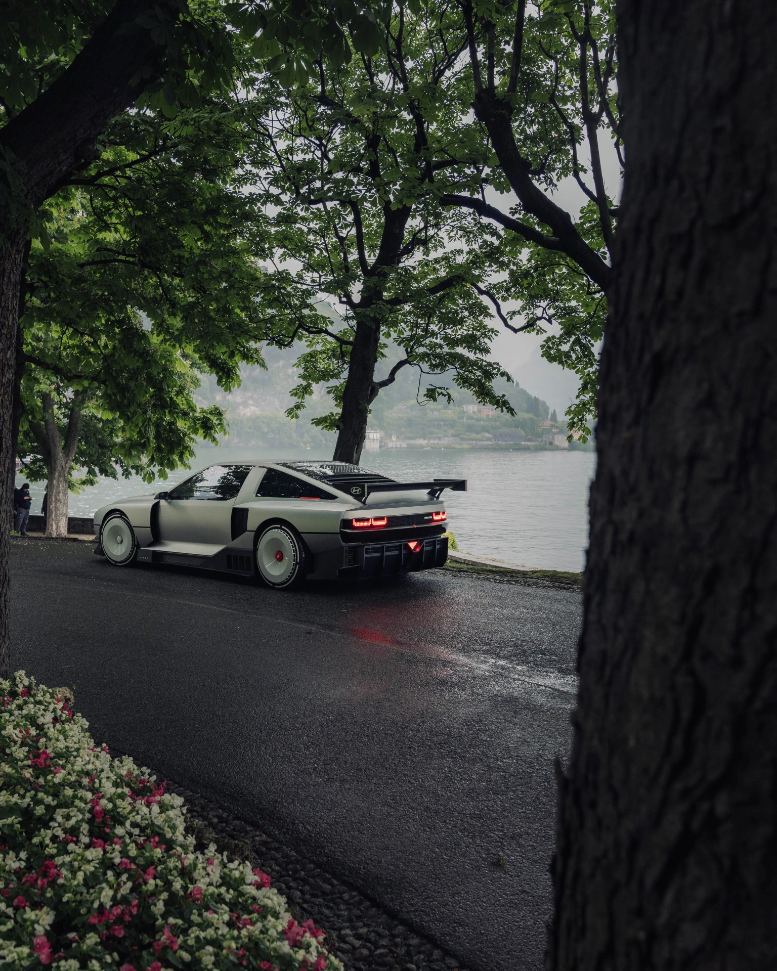 Matte silver Hyundai sports car with rear spoiler parked on a wet road by a lake, surrounded by trees and flowers.