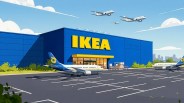 Blue IKEA store with yellow signage and airplanes parked and flying above in a clear sky.