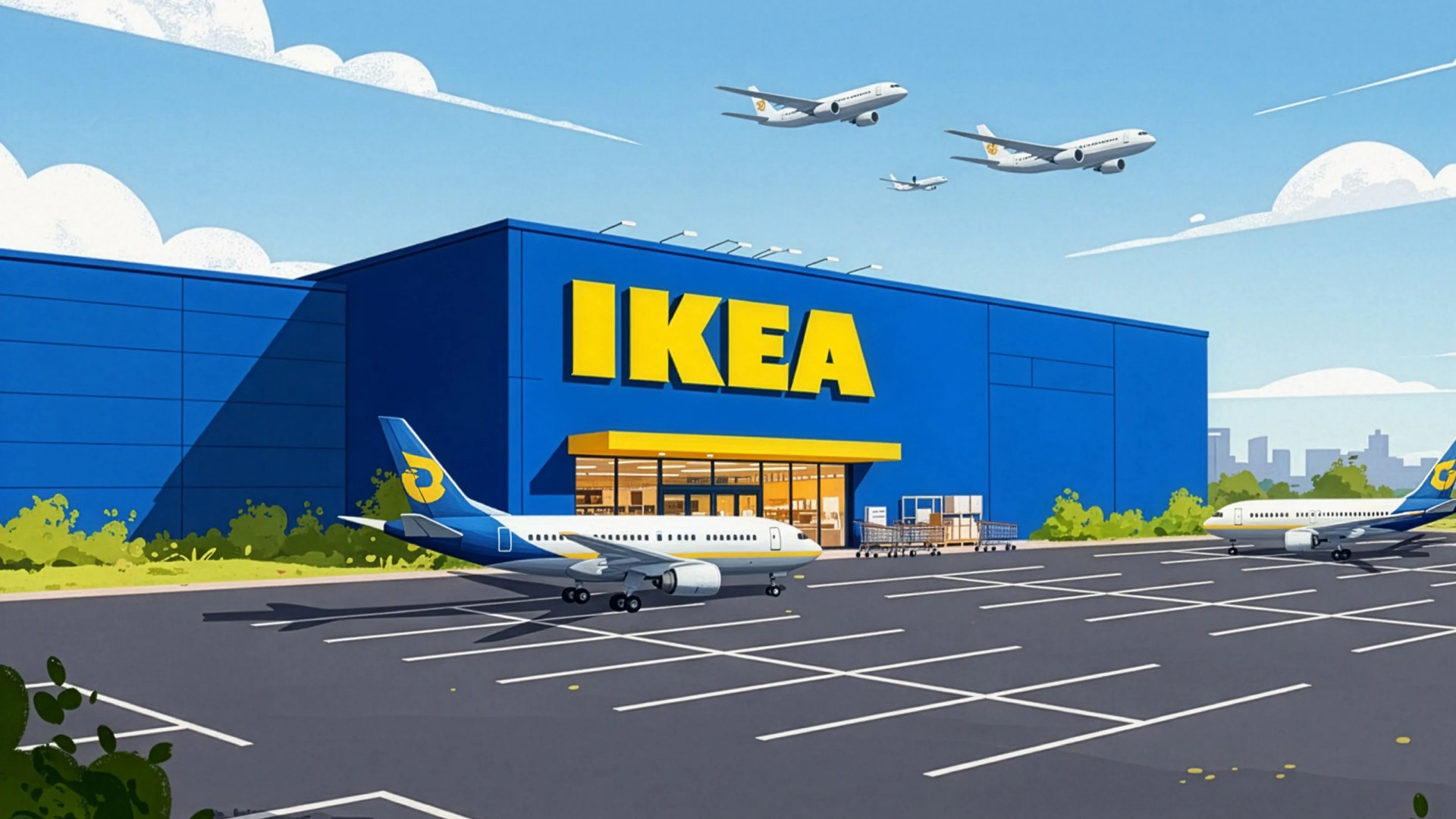 Blue IKEA store with yellow signage and airplanes parked and flying above in a clear sky.