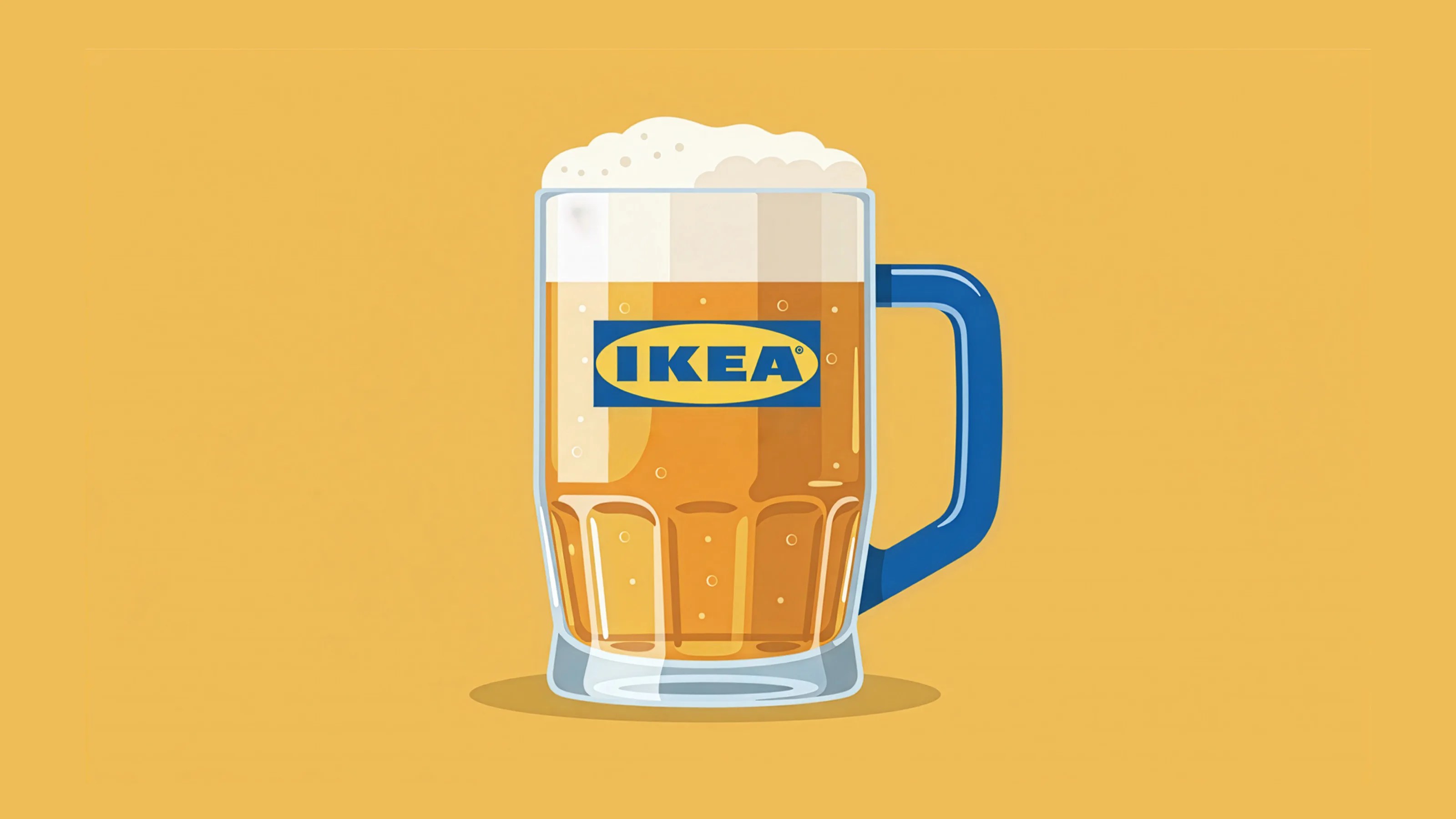 Glass beer mug with blue handle and IKEA logo filled with foamy beer on a yellow background.