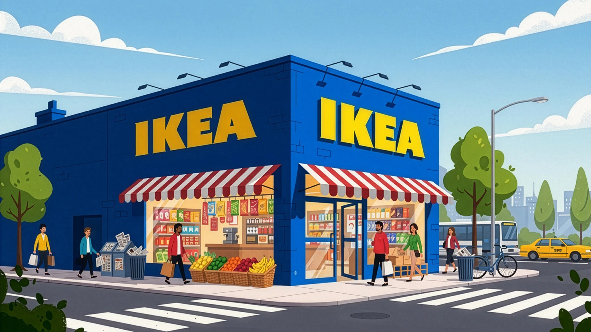 Blue corner store with yellow IKEA signs, red-and-white striped awnings, and baskets of fruit outside.