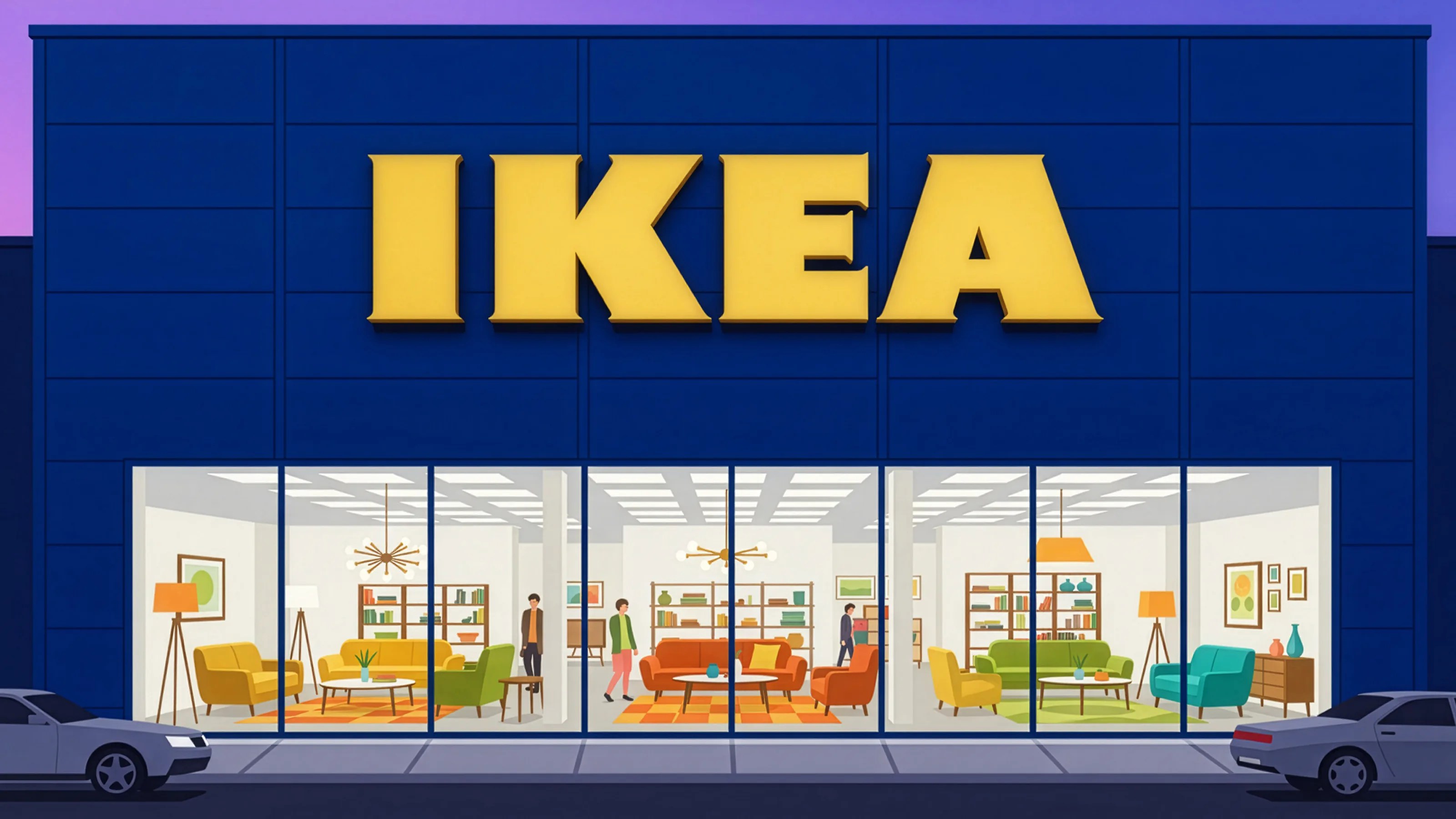 Blue IKEA store facade with large yellow logo and visible interior furniture displays through glass windows.