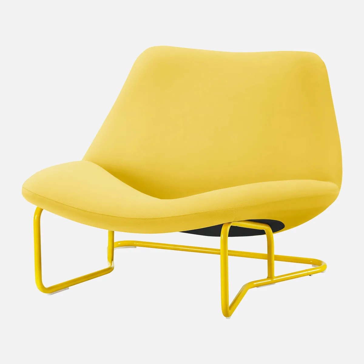 Yellow modern lounge chair with curved fabric seat and tubular metal legs.