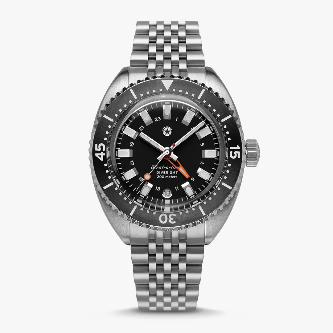 Stainless steel diver's watch with black dial, white markers, orange GMT hand, and metal link bracelet.