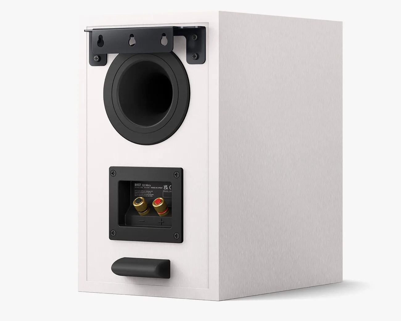 White rectangular speaker with black circular port, gold and red speaker terminals, and black mounting bracket on back.