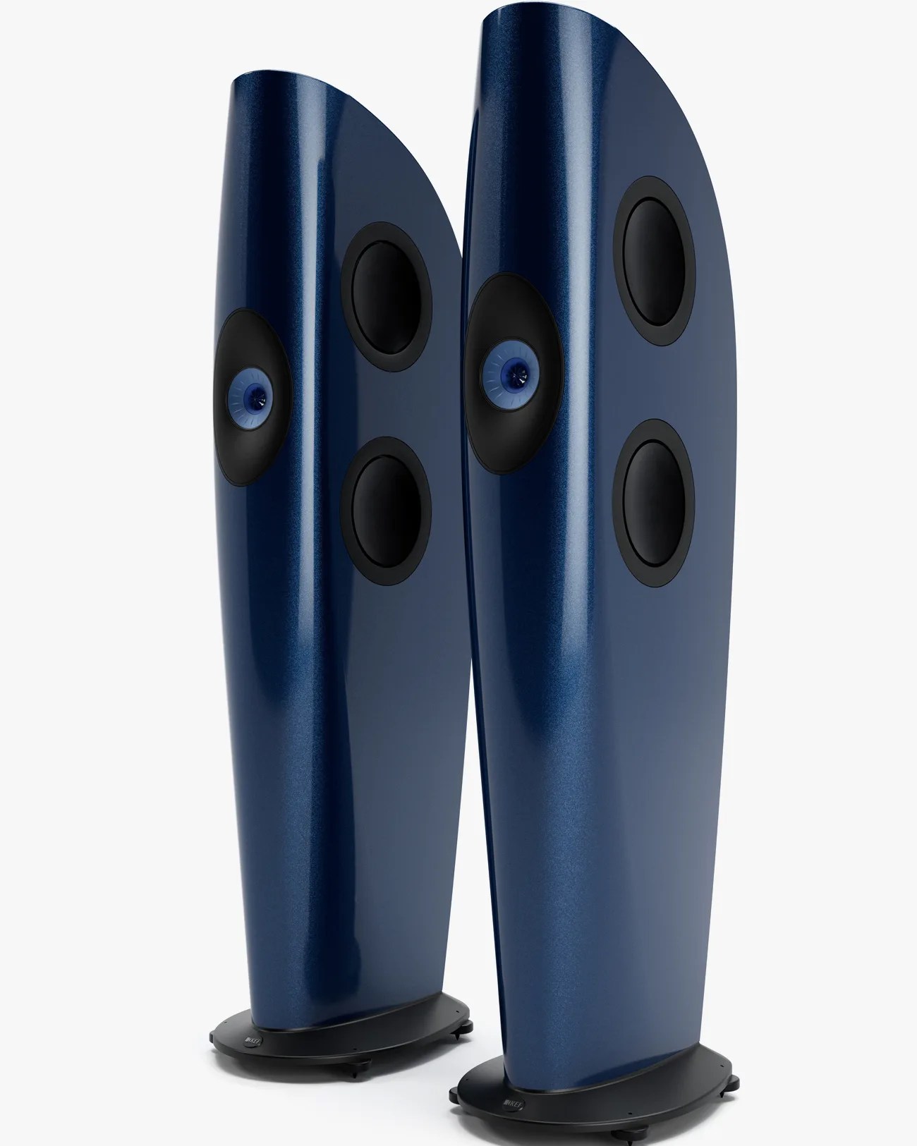 Pair of tall, curved, metallic blue floor-standing speakers with black and blue drivers on black bases.