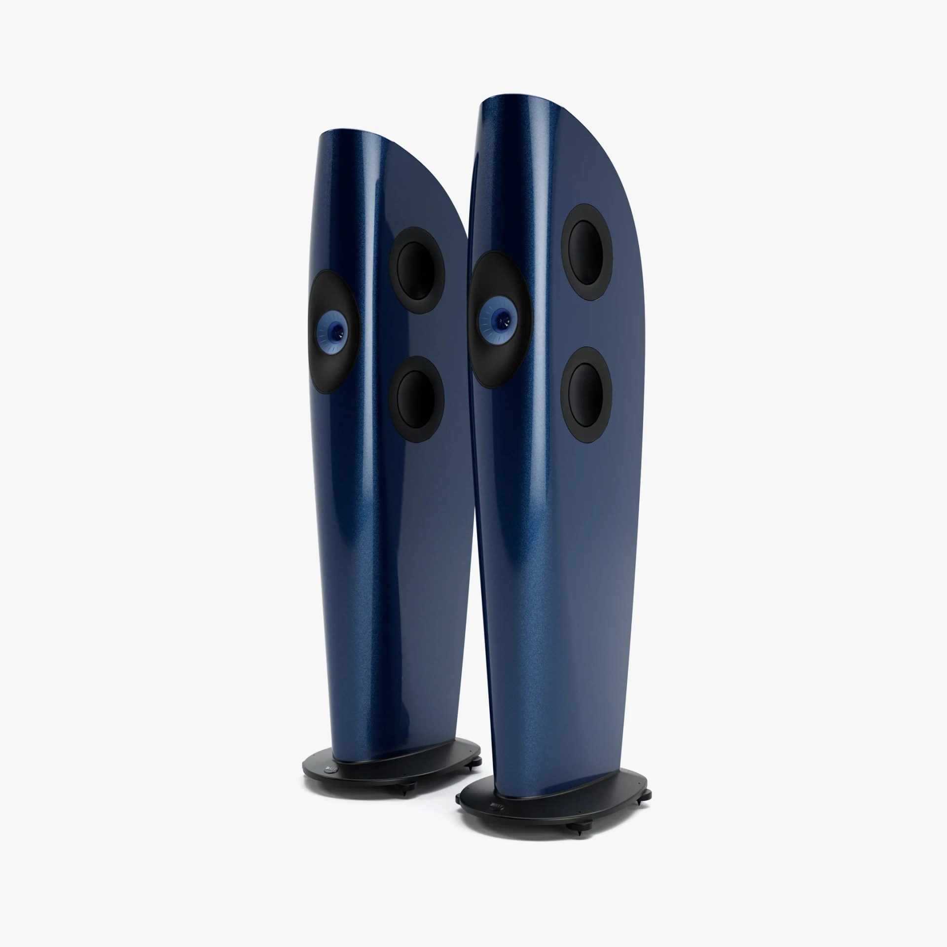 Pair of tall, curved floor-standing speakers in metallic blue with black bases and multiple drivers.