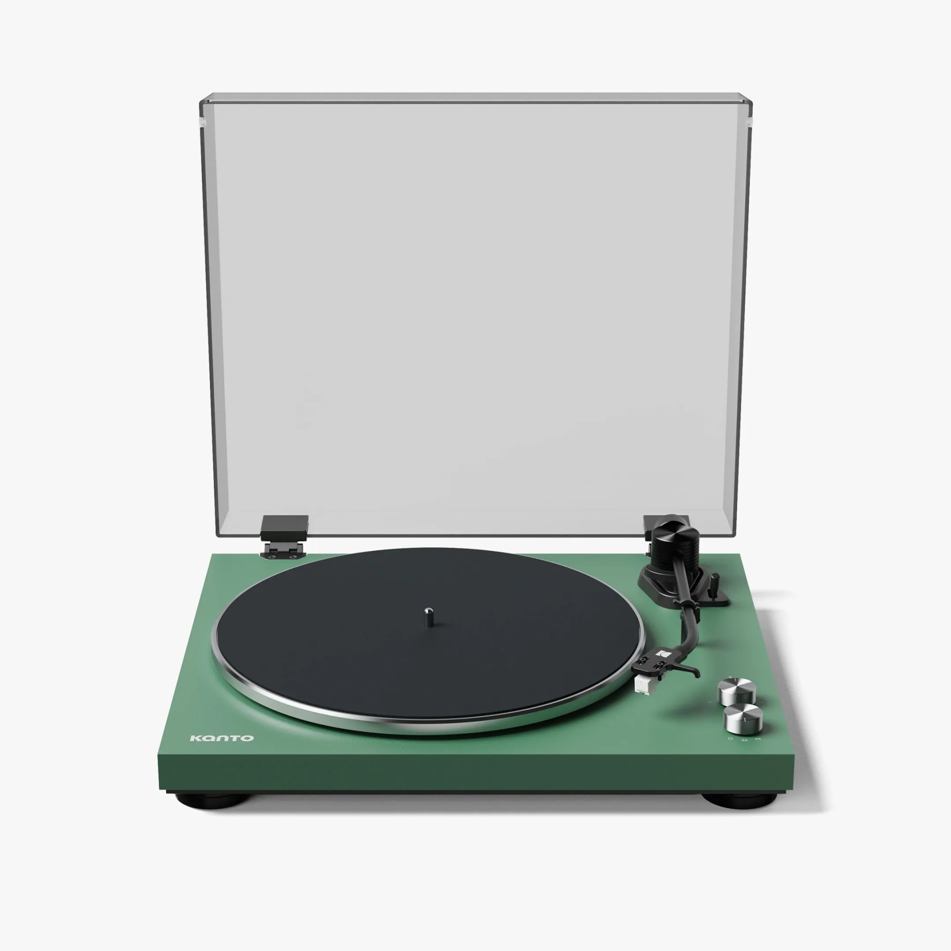 Green Kanto turntable with black platter, tonearm, silver control knobs, and transparent dust cover open.