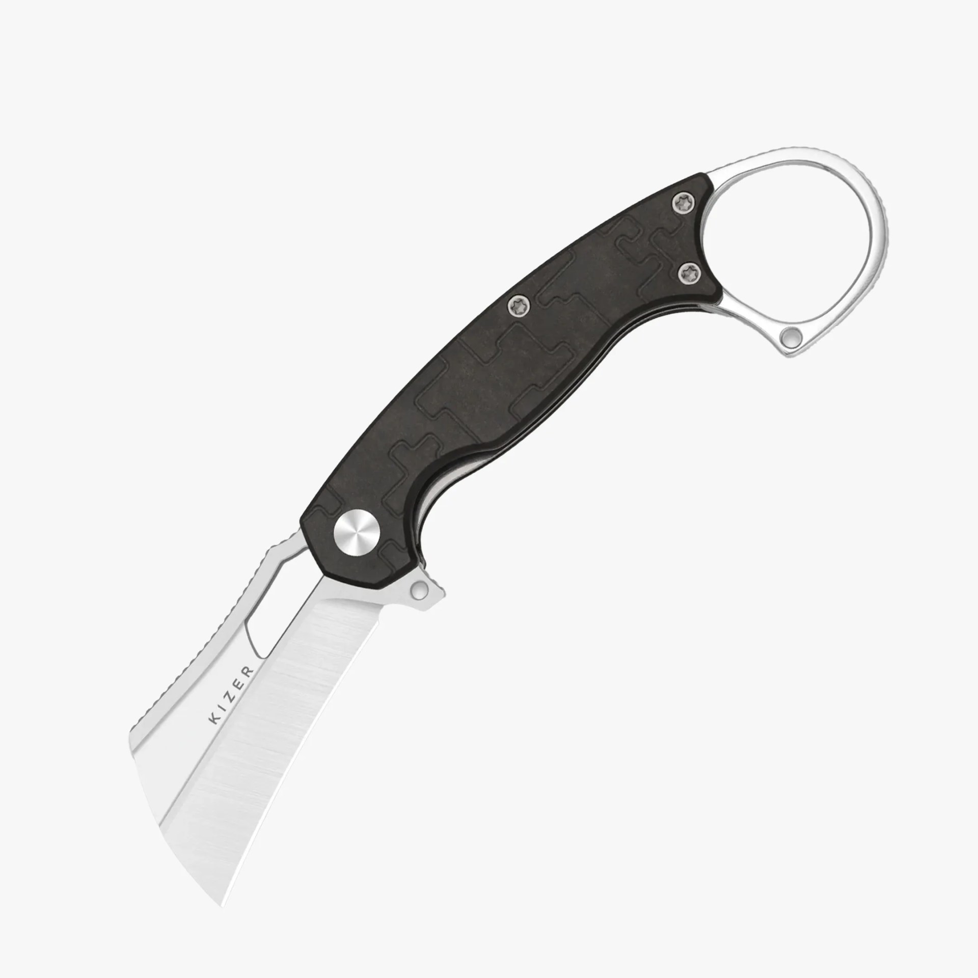 Folding knife with a stainless steel cleaver-style blade and black textured handle with finger ring.