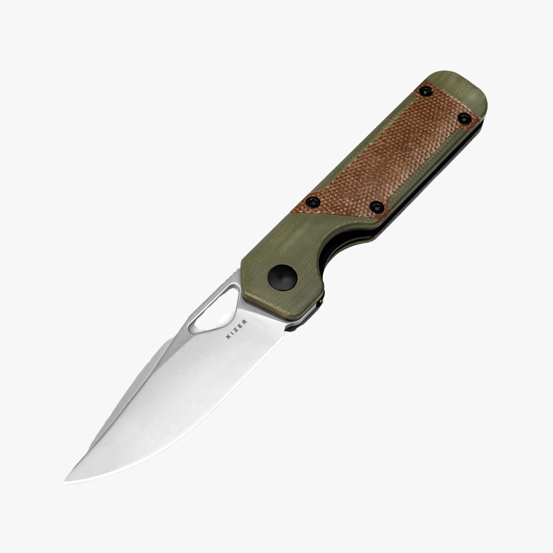 Folding knife with silver blade and green handle featuring a brown textured grip panel.