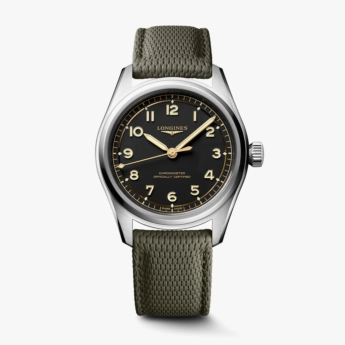 Silver Longines wristwatch with black dial, beige numerals, and textured olive green fabric strap.