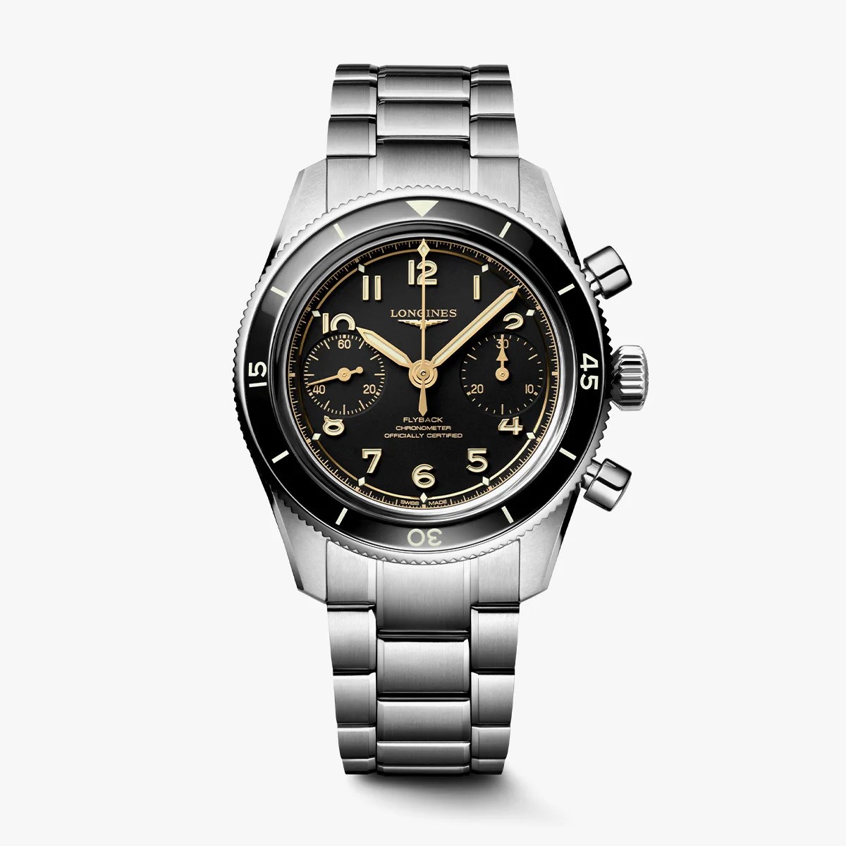 Stainless steel Longines chronograph watch with black dial, beige numerals, and matching hands on a metal bracelet.