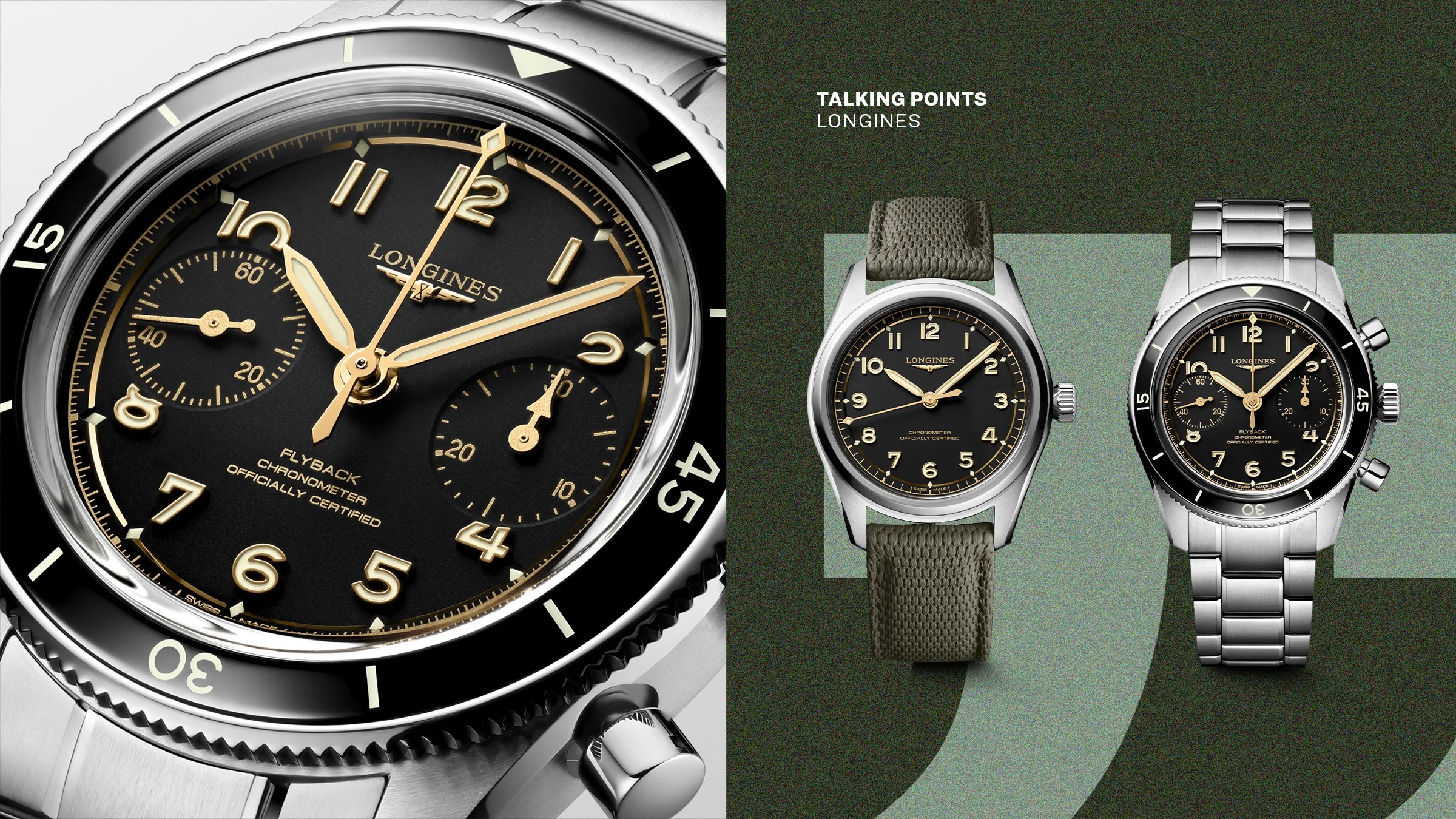 Close-up of a Longines black dial chronograph watch with gold numerals and hands, and two Longines watches on green and silver straps.