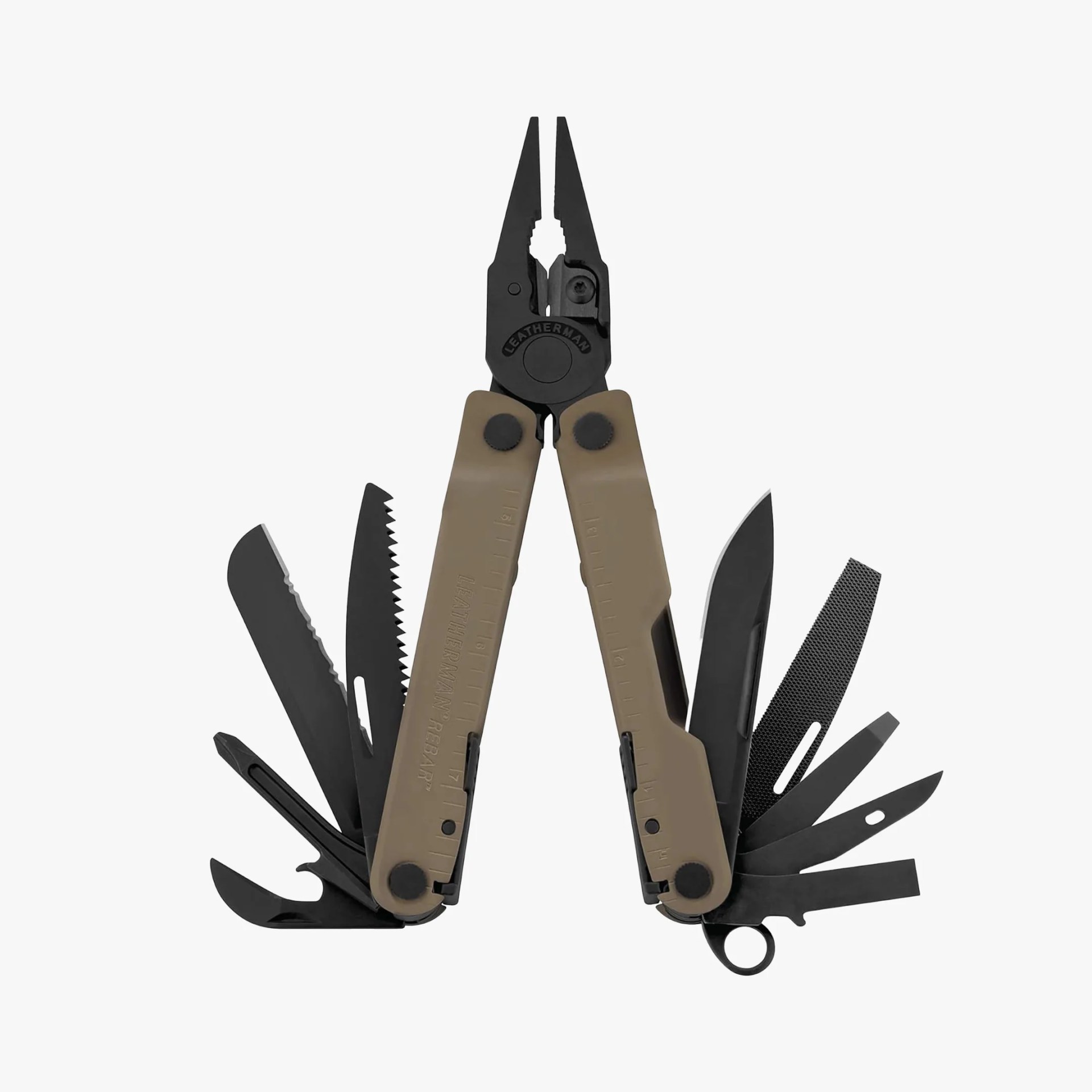 Multitool with black pliers, blades, saw, file, and tan handles with ruler markings.