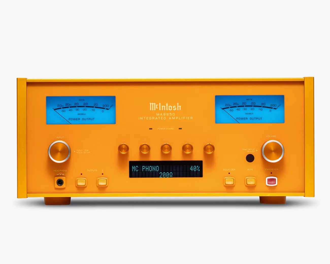 Bright orange McIntosh MA8950 integrated amplifier with blue-lit power output meters and multiple control knobs.