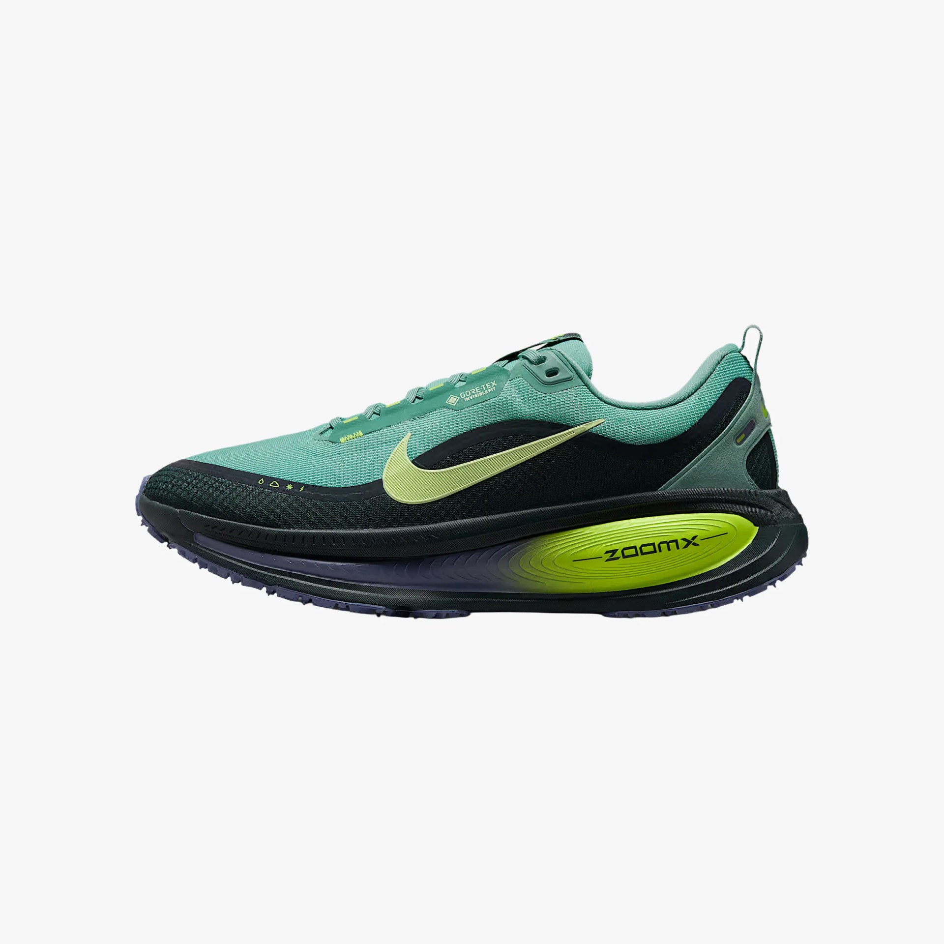 Green and black Nike ZoomX running shoe with yellow accents and Gore-Tex label on a white background.