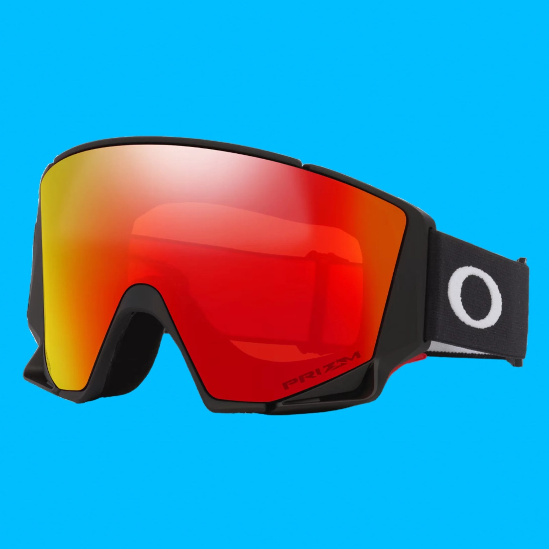 Black Oakley ski goggles with red-orange reflective Prizm lens and black strap with white Oakley logo.