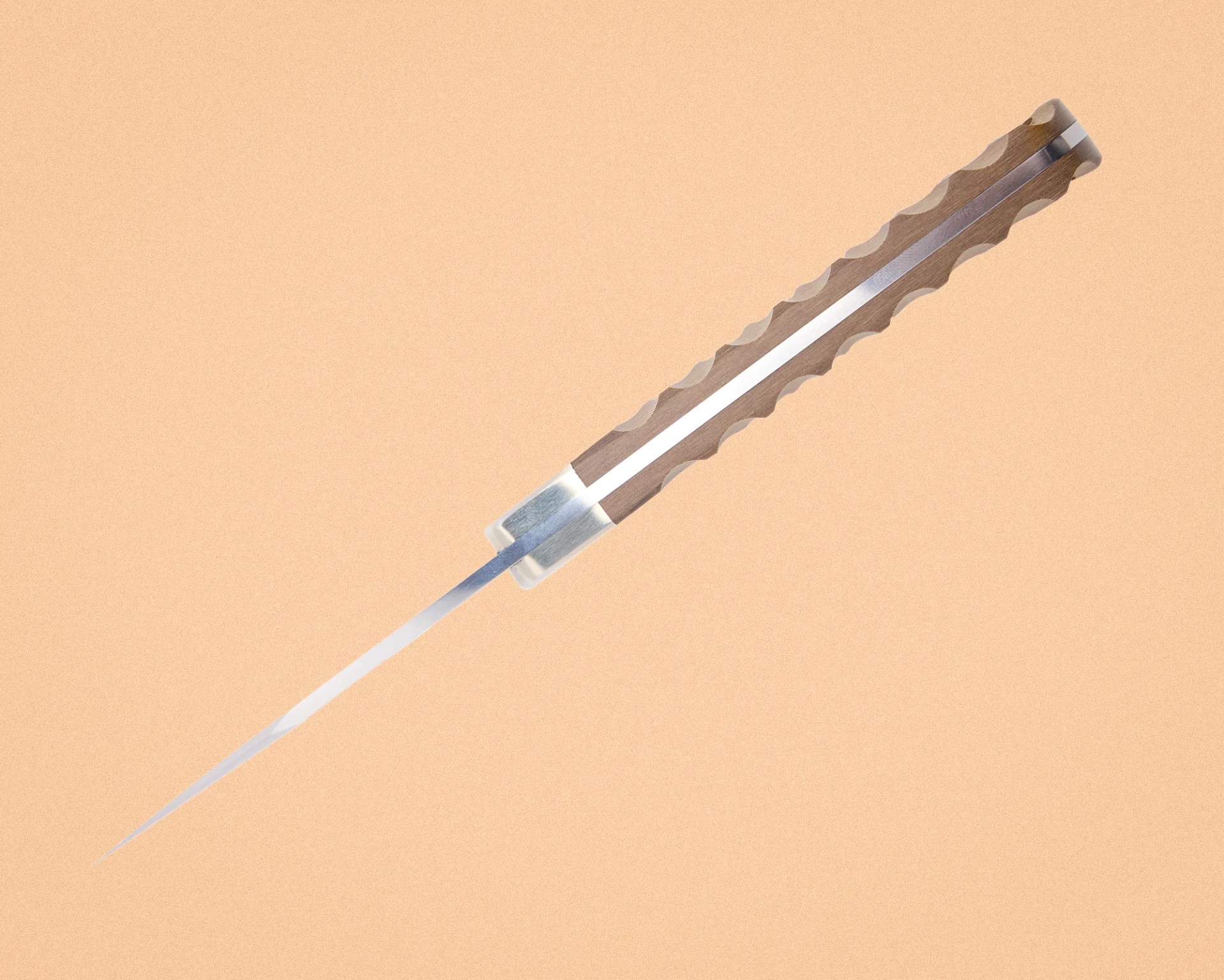 Knife with a long, thin, sharp blade and a wooden handle featuring a wavy grip pattern.